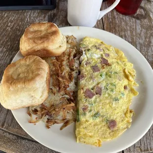 #8 omelette with hash browns and biscuits