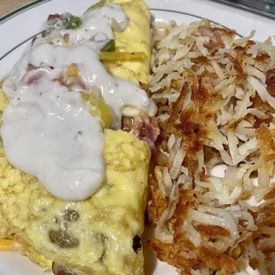 Garbage Omelette with Hash Browns and Side of Gravy