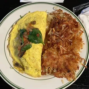 Spinach omelette with hash browns