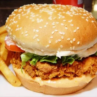 a fried chicken sandwich and french fries