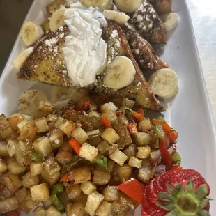 Banana French toast with side of home fries