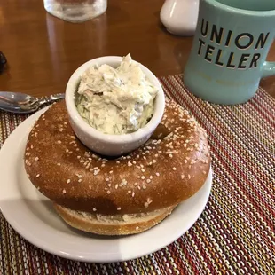 Salt bagel with horseradish dill cream cheese!