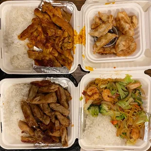 Spicy chicken teriyaki, chicken teriyaki, shrimp yakisoba and gyoza