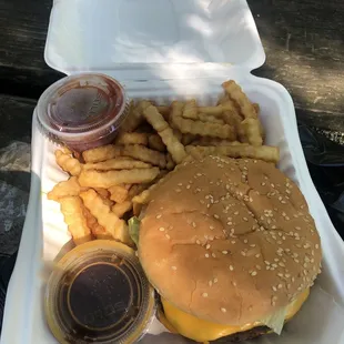 Double cheese burger with teriyaki sauce.