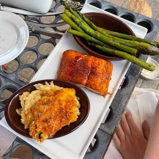 Cedar Planked Salmon + Dianes Cheesy Potatoes + Seasonal Vegetable