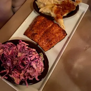 Cedar Planked Salmon with macncheese and coleslaw