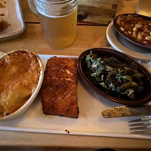 Salmon, Union Mac &amp; Cheese, Collard Greens, Bbq Baked Beans