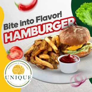 a hamburger and fries