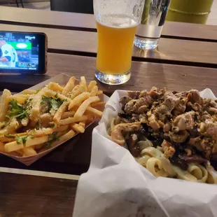 Cue up the Chef's kiss!!  Fettuccine with mushrooms &amp; chicken, and truffle fries! Yum!