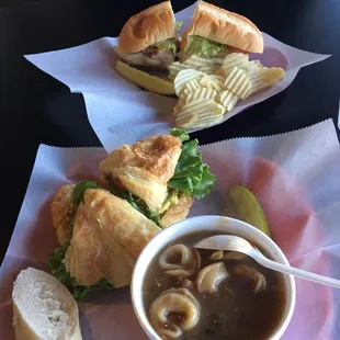 Curry chicken croissant sandwich with vegetable beef soup. And San Franscian and chips.