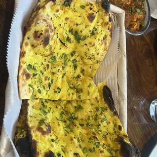 Garlic naan with green chili peppers