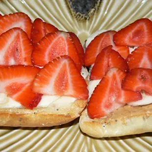 Toasted Ciabatta Roll, Buttered, then Slathered with Chunky Peanut Butter. Topped with Sliced Banana and Strawberries.