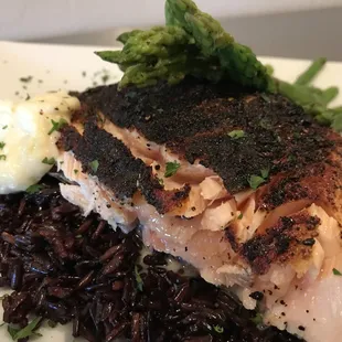 Atlantic Salmon Marinated with Togarashi Spice, Blackened on top of Black Hinode Rice with Lemongrass, with Steamed Buttered Aspargus
