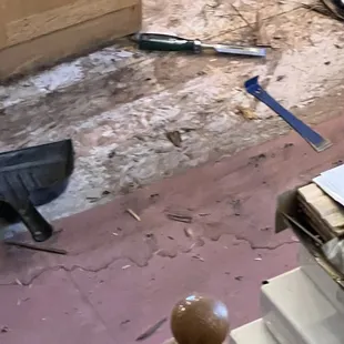 You can see the water stain on the sub floor and underlayment