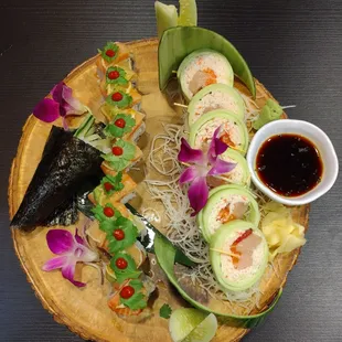 Left to right... Eel Hand Roll, Lemon &amp; Cilantro Roll, Protein Roll