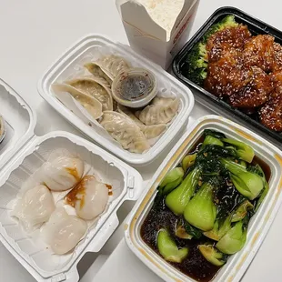 Steamed Vegetable Dumplings Steamed Shanghai Bok Choi Sesame Seitan and White Rice Vegetarian Shrimp Dumplings