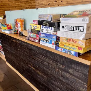 a counter with boxes of food