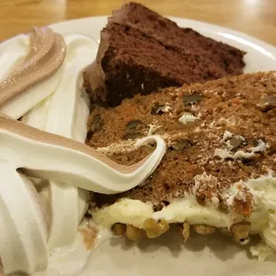 a piece of cake and ice cream on a plate