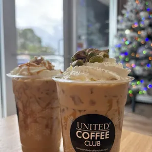 iced pistachio and iced caramel coffees
