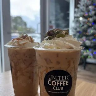 pistachio iced coffee and caramel iced coffee