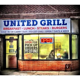 United Grill . Breakfast Lunch Burgers. (Cicero/Armitage) Old Fusion Grease Spoon Place. Simple Quick Cheap Good Food. Dine In Take Out.