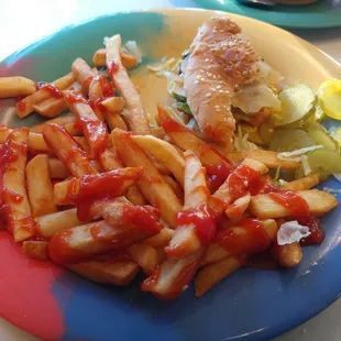 Cheeseburger with fries. Ate it so fast I forgot to take the picture!