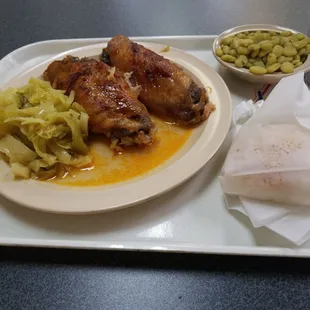 Turkey wings cabbage and Lima beans. Roll and lemonade. $9