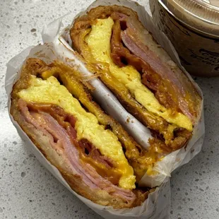 7C. Ham, bacon, egg and cheese croissant sandwich- $9.50