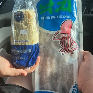 Octopus and enoki mushrooms