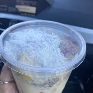 Cream Fruit Cup, with shredded coconuts, granolas, strawberries, pineapples, bananas and cantaloups
