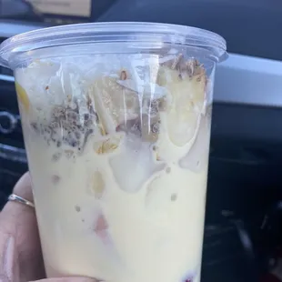 Cream Fruit Cup, with shredded coconuts, granolas, strawberries, pineapples, bananas, cantaloups and They're special cream!