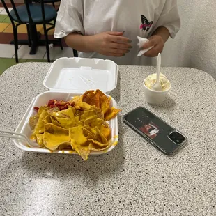 Nachos and vanilla ice cream!