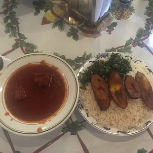 Rice, plantain and stew.