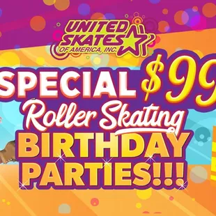 Book Your Child's Birthday for only $99 at United Skates. BOOK NOW online or over the phone. Use Coupon Code: "99skate" Exp.7/31/18