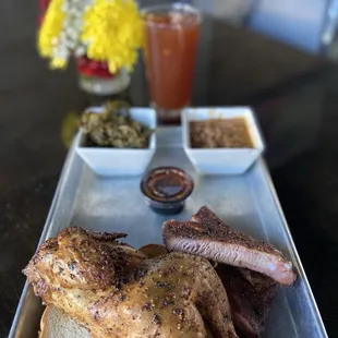 1/2 Chicken and Ribs Platter with Collards, Pinto Beans or Potato Wedges