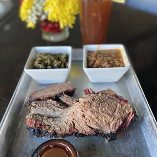 Brisket Platter with Perfect Collards and Pinto Beans