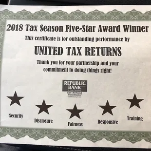 Our partner bank recognizing United Tax Returns for the 2018 Season. Thank you Republic Bank!