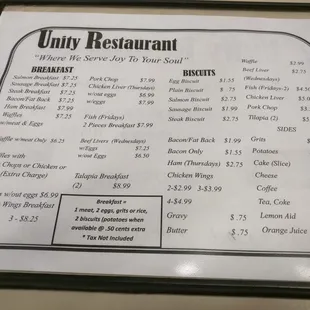 the menu of the restaurant