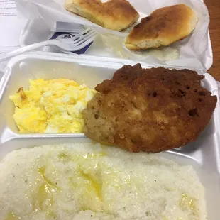 Salmon, grits, cheese eggs , biscuit