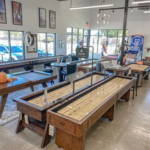 Shuffleboard, pool tables, and game room furniture for sale at our Frisco Showroom.