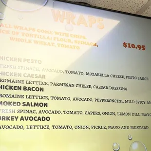 a menu for wraps