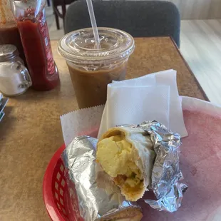 $1.50 medium iced coffee with purchase of breakfast item! (breakfast burrito pictured here)