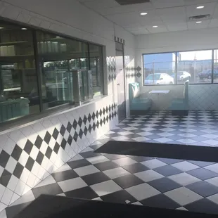a black and white checkered floor