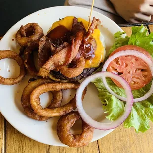 Smokehouse Burger with onion rings