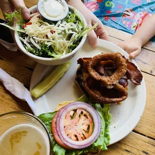 Smokehouse Burger with a side salad