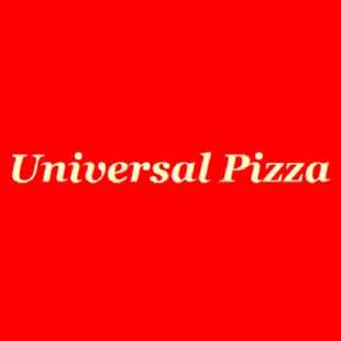a red background with the words universal pizza