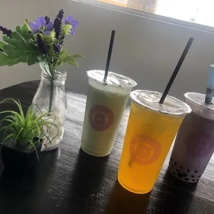 Taro milk tea. Honeydew slush. &amp; Mango green tea.