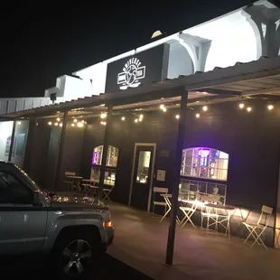 Installed outdoor LED patio lights and speakers