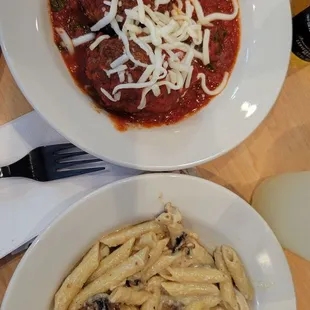 Pizza, wings,meatballs and chicken alfredo pasta