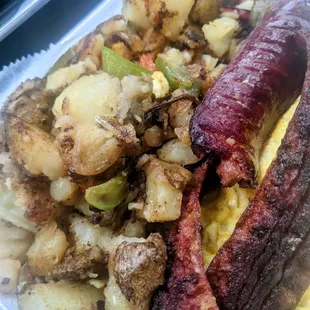 sausage, potatoes, and potatoes